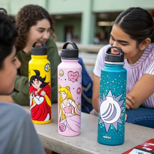 colorful custom water bottles with cartoon designs, perfect for young audiences and outdoor activities