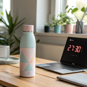 stylish insulated water bottle on a wooden desk, ideal for office and home use